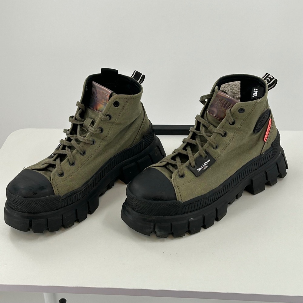 Palladium Revolt Hi Army Olive Green Canvas Platform Lug Sole Boots Womens 8 - Picture 2 of 10